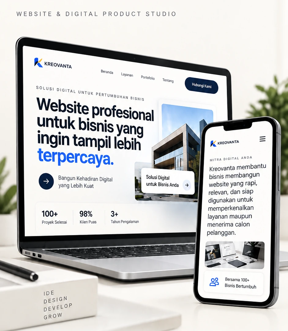 Hero Kreovanta dengan headline website profesional pada layar laptop dan narasi layanan pada layar ponsel